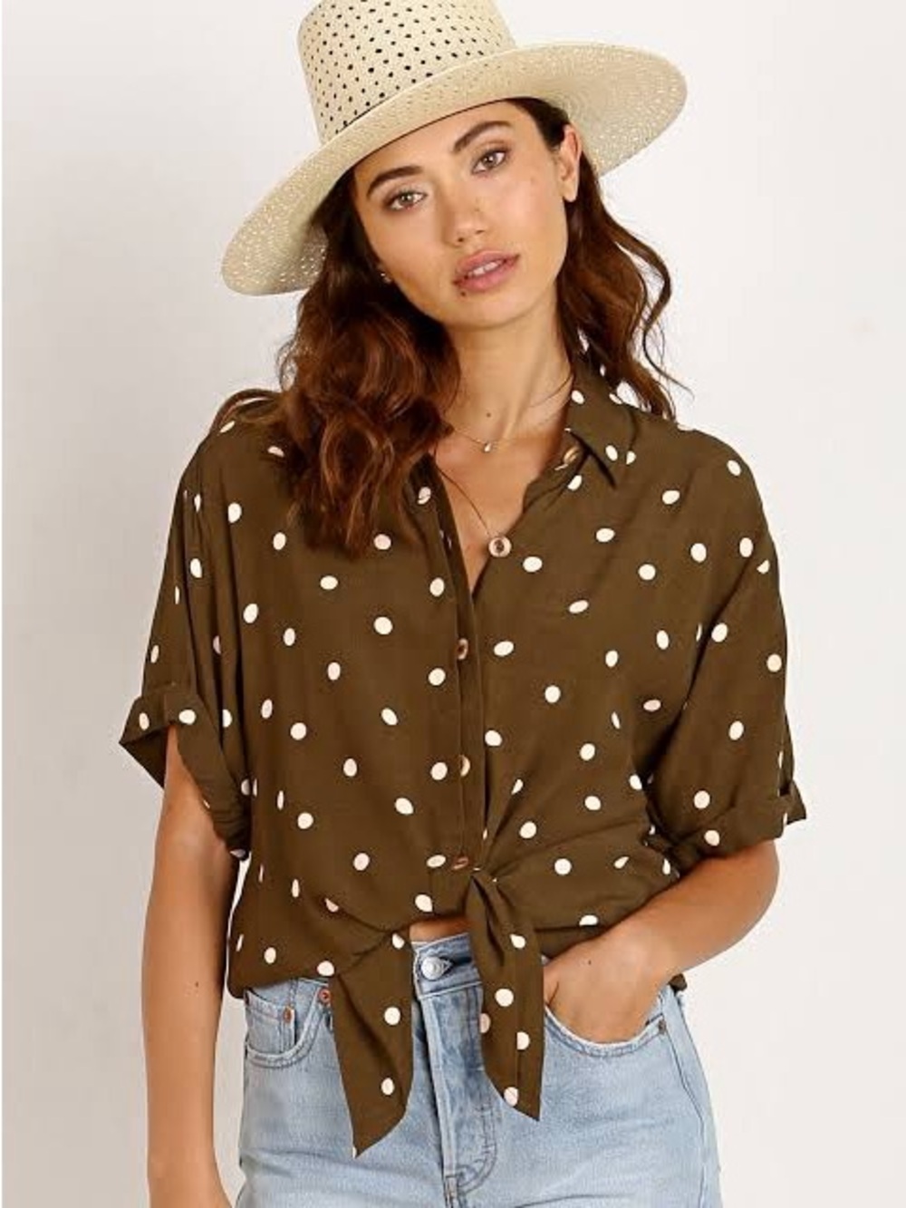 Faithfull the Brand Rio Olive Polka Dot Tie-Front Button Down Shirt Small